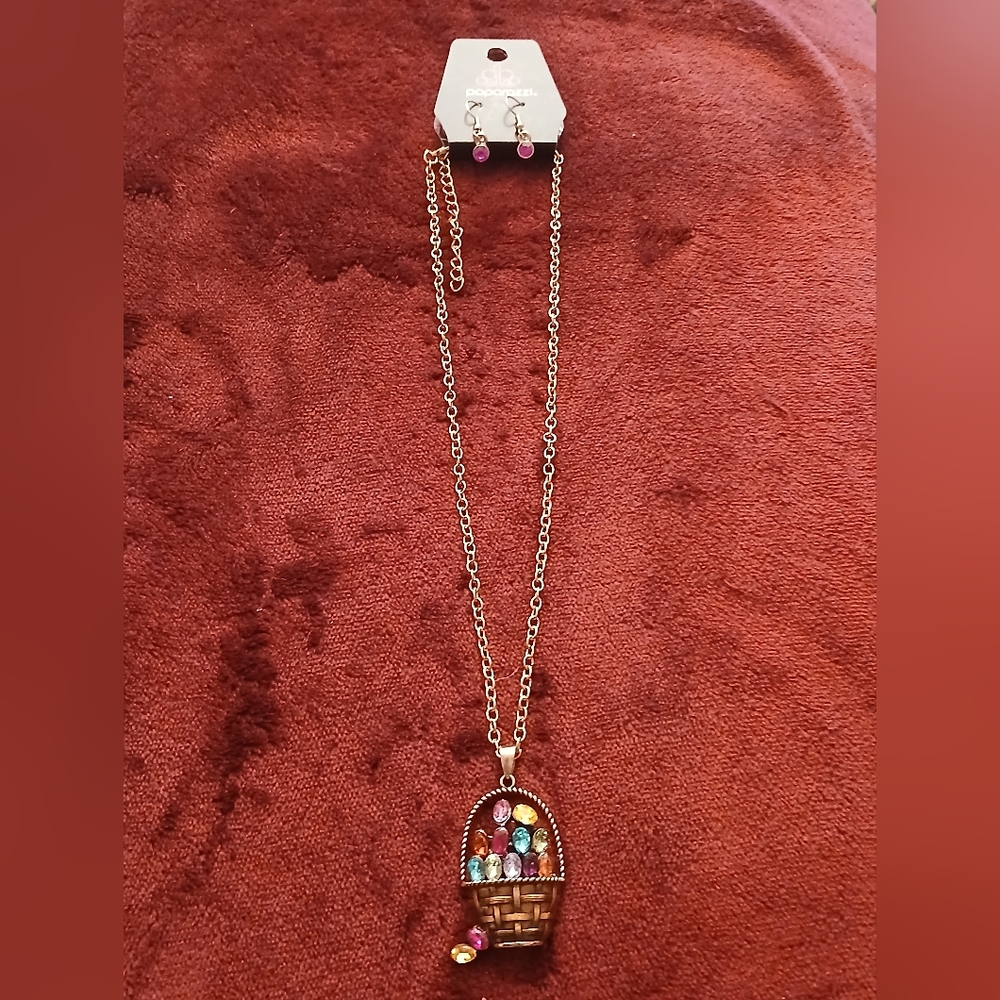 Gold-Tone Multi-Stone Easter Basket Pendant Necklace with cute Pink earrings🌺🐇